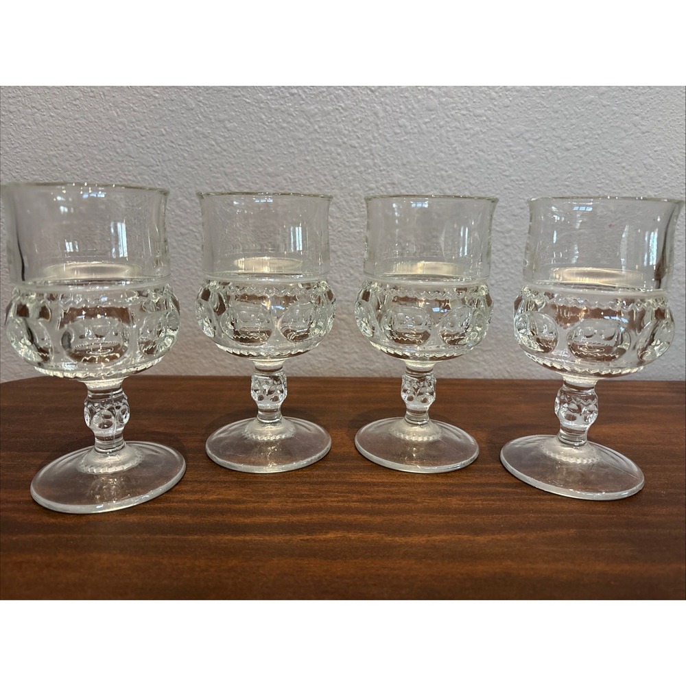 Vintage Indiana Glass Kings Crown Thumbprint Clear Glass Mini Goblets Set of 4